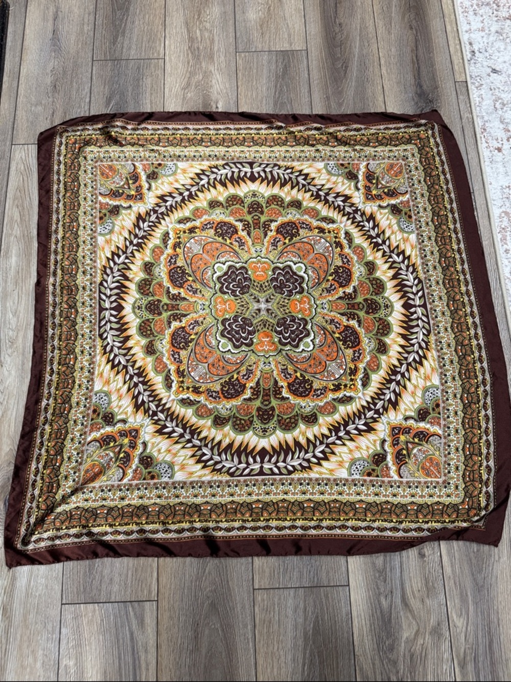 Scarf Large Silky Festival Brown Tan Medallion
